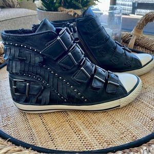ASH “VENIN”  High Top Leather Sneakers Shoes Fringe Buckles Black